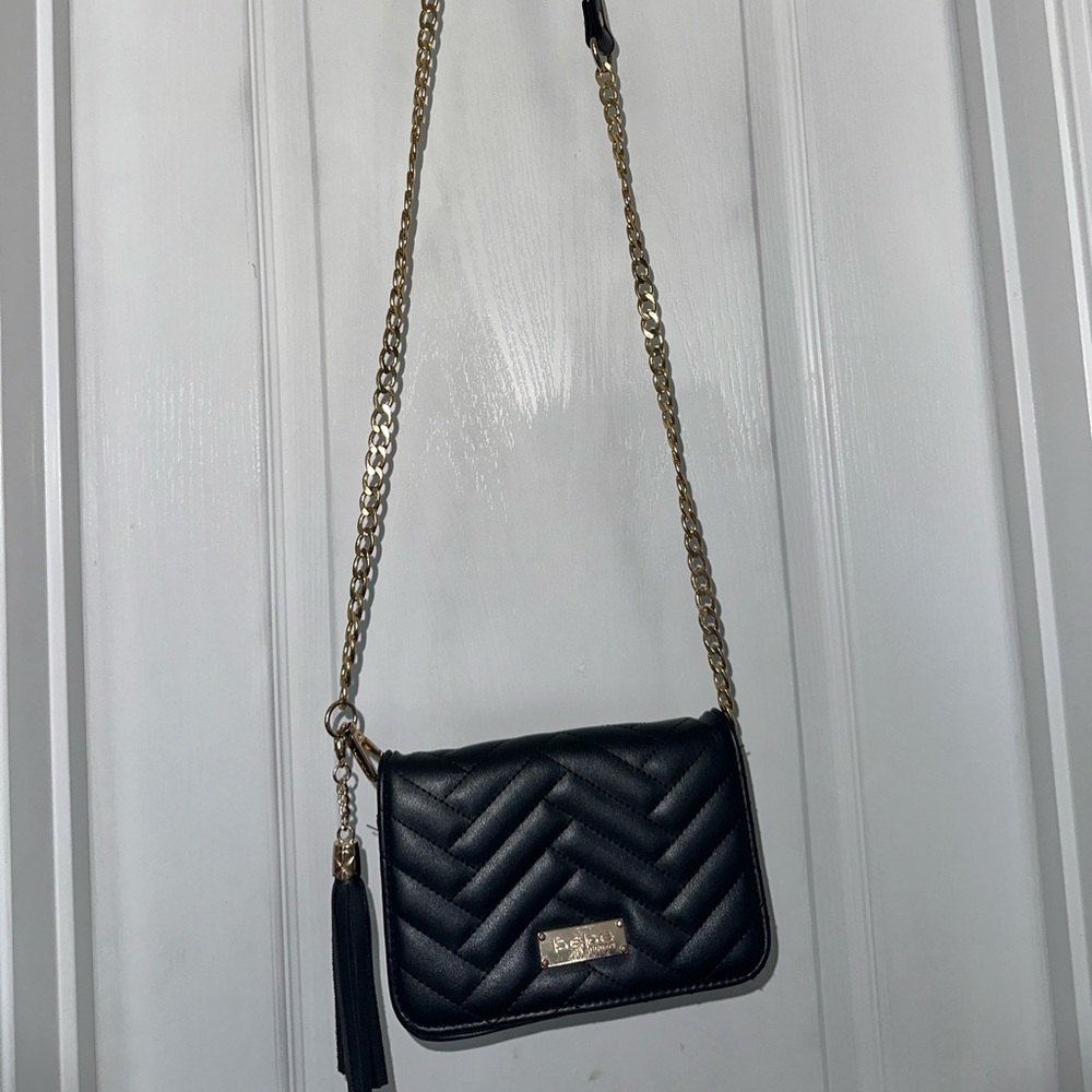 Bebe Black and Gold Quilted Crossbody Bag
